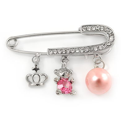 Medium Crystal Safety Pin Brooch with Charms In Silver Plated Metal - 50mm