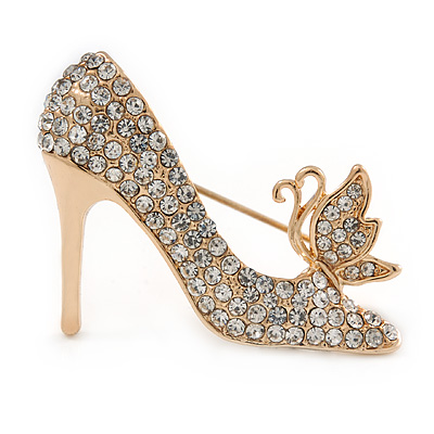 Clear Crystal High Heel Shoe Brooch In Gold Tone Metal - 40mm L - main view