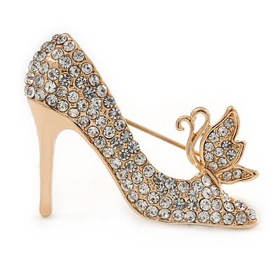 Clear Crystal High Heel Shoe Brooch In Gold Tone Metal - 40mm L