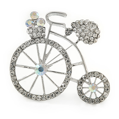 Retro Clear Crystal Bicycle Brooch In Silver Tone Metal - 40mm W - main view