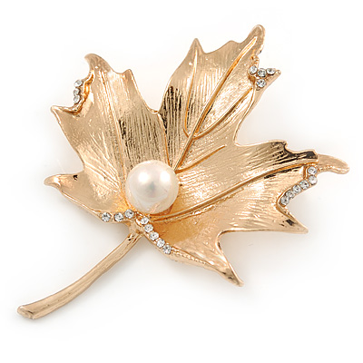 Gold Tone, Clear Crystal Maple Leaf Brooch with Etched Detailing - 55mm L - main view