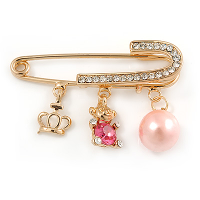 Medium Crystal Safety Pin Brooch with Charms In Gold Plated Metal - 50mm - main view