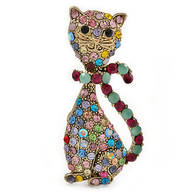 Vintage Inspired Multicoloured Crystal Cat Brooch In Antique Gold Tone Metal - 55mm L
