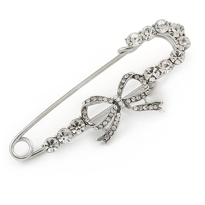 Silver Plated Clear Crystal Safety Pin Brooch With Bow Motif - 65mm L - main view