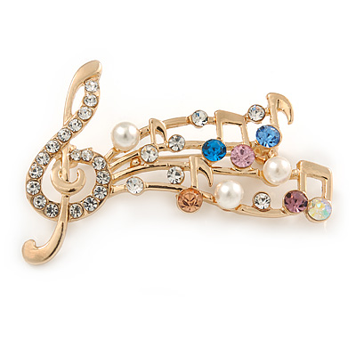Gold Plated Multicoloured Crystal Musical Notes Brooch - 50mm L - main view