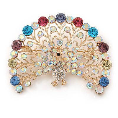 Statement Multicoloured Peacock Brooch In Gold Plated Metal - 58mm W - main view