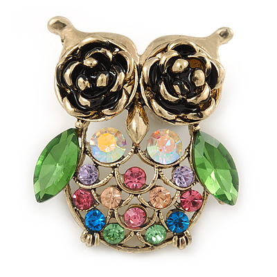 Vintage Inspired Multicoloured Crystal Owl Brooch In Aged Gold Tone - 40mm L - main view
