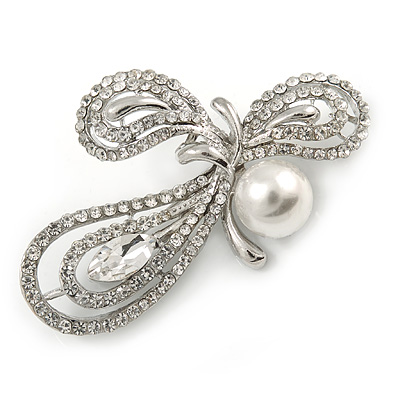 Clear Crystal, Faux Pearl Fancy Bow Brooch In Silver Tone Metal - 60mm L - main view