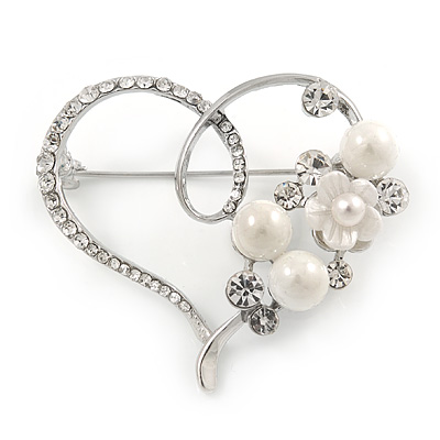 Clear Crystal, Faux Pearl Open Heart Brooch In Silver Tone Metal - 40mm - main view