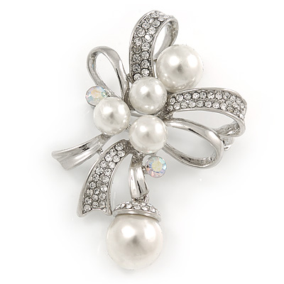 Clear Crystal Faux Glass Pearl Bow Brooch In Silver Tone Metal - 50mm L - main view