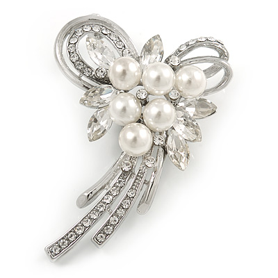 Fancy Faux Pearl, Clear Crystal Bow Brooch In Silver Tone Metal - 65mm L - main view