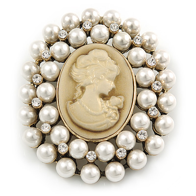 Victorian Inspired Faux Pearl Cameo Brooch In Antique Gold Tone - 55mm - main view