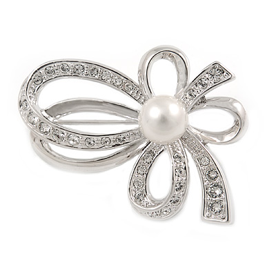 Small Crystal Faux Pearl Bow Brooch In Rhodium Plated Metal - 40mm L - main view