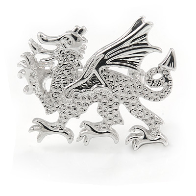 Small Textured Dragon Brooch In Rhodium Plated Metal - 26mm Across