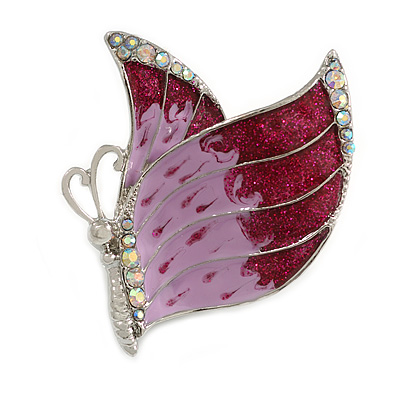 Pink/ Purple Enamel AB crystal Butterfly Brooch In Rhodium Plated Metal - 45mm - main view