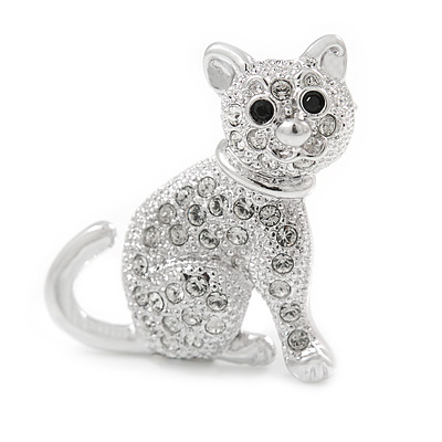 Small Clear Crystal Kitten Brooch In Rhodium Plated Metal - 28mm L - main view