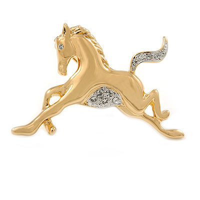 Polished Gold Tone Clear Crystal Horse Brooch - 40mm W - main view