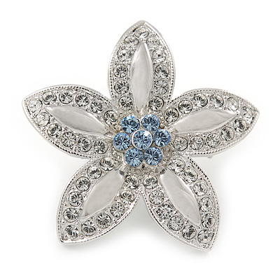 Small Rhodium Plated Clear/ Light Blue Crystal Daisy Brooch - 30mm Diameter - main view
