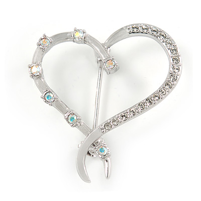 Rhodium Plated Clear/ Ab Crystal Open Asymmetrical Heart Brooch - 30mm L - main view