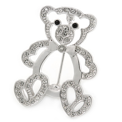 Open Crystal Teddy Bear Brooch In Rhodium Plated Metal - 35mm L - main view