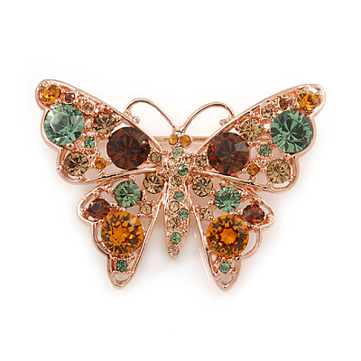 Crystal Butterfly Brooch In Rose Gold Tone Metal (Amber, Orange, Green, Citrine) - 43mm W - main view