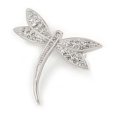 Stunning Small Clear Crystal Dragonfly Brooch In Rhodium Plating - 30mm L - main view