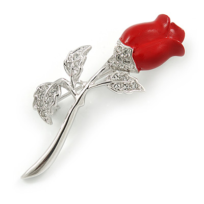 Small Clear Crystal Red Rose Brooch In Rhodium Plated Metal - 48mm L