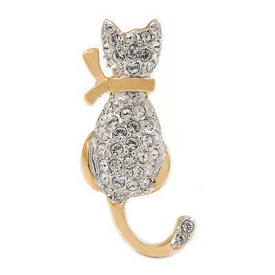 Small Two Tone Crystal Cat Brooch (Gold/ Silver Tone Metal) - 32mm L - main view