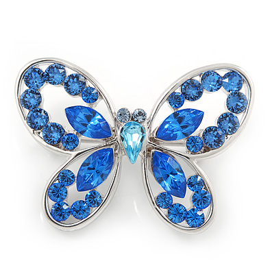 Small Blue Crystal Butterfly Brooch In Rhodium Plated Metal - 35mm L