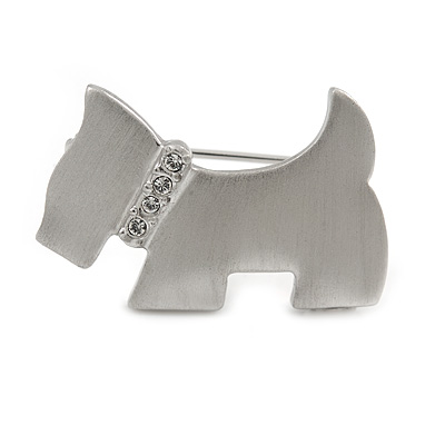 Cute Crystal Little Doggy Brooch In Satin Metal Finish - 30mm - main view