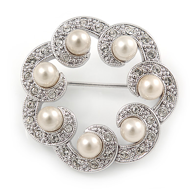 Small Crystal Faux Pearl Wreath Brooch In Rhodium Plated Metal - 30mm L - main view