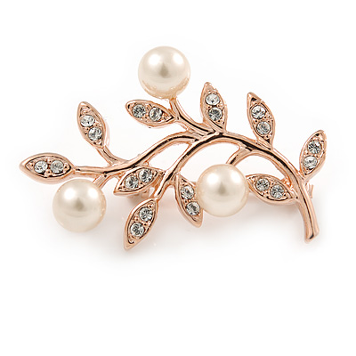 Stunning Small Crystal, Faux Pearl Floral Brooch In Rose Gold Tone Metal - 35mm L - main view