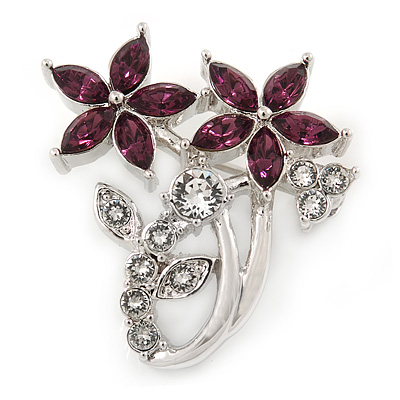 Small Clear Crystal, Purple CZ Floral Brooch In Rhodium Plated Metal - 30mm L - main view