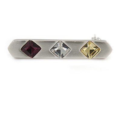 Small Stylish Crystal Bar Brooch In Brushed Silver Tone Metal - 30mm L - main view