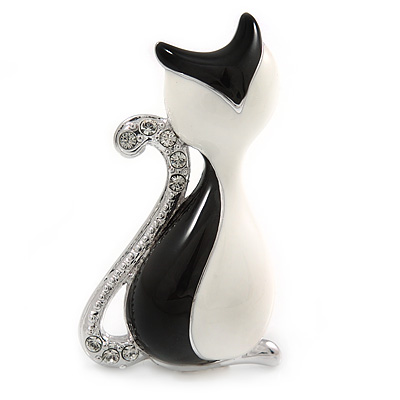 Black/ White Clear Crystal Cat Brooch In Rhodium Plated Metal - 33mm L - main view