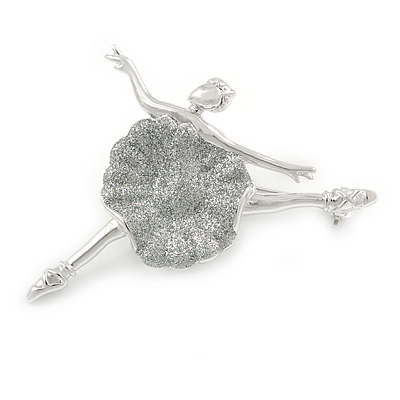 Exquisite Dansing Ballerina with Glitter Dress Brooch In Rhodium Plated Metal - 52mm W