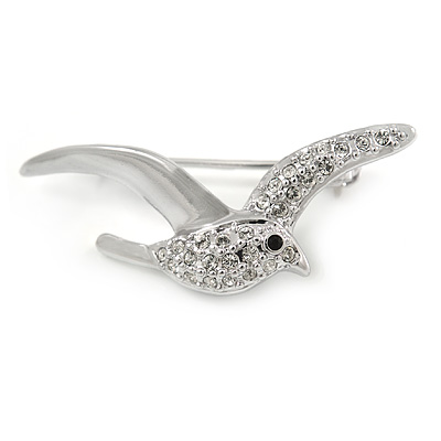 Small Polished Rhodium Plated Seagull Bird Brooch - 37mm L - main view