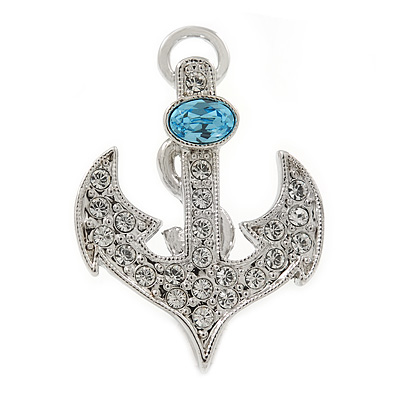 Rhodium Plated Clear Crystal Light Blue CZ Anchor Brooch - 32mm L - main view