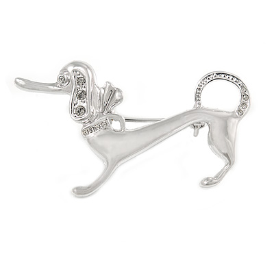 Stylish Badger-Dog Brooch In Polished Rhodium Plated Metal - 45mm L - main view