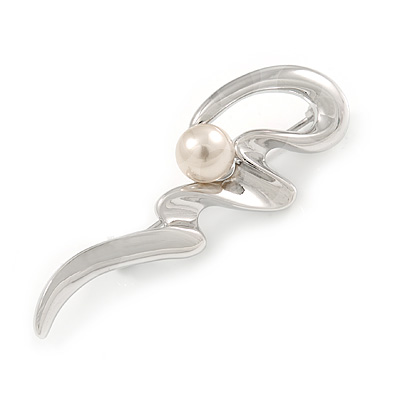 Fancy Polished Rhodium Plated Cream Simulated Pearl Brooch - 53mm L - main view