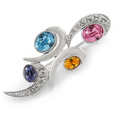 Rhodium Plated Multicoloured CZ Cluster Brooch - 50mm L