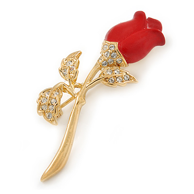 Small Clear Crystal Red Rose Brooch In Gold Plated Metal - 48mm L