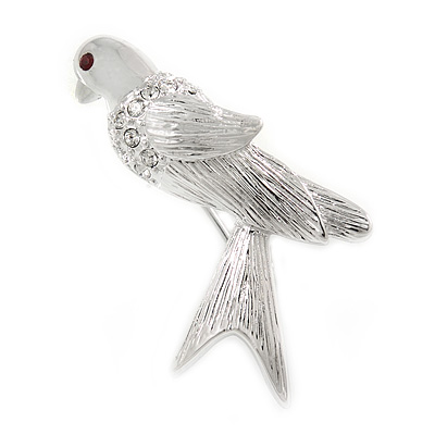 Small Crystal Pigeon Bird Brooch In Rhodium Plated Alloy - 35mm L - main view