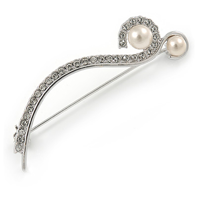 Elegant Silver Plated Clear Crystal White Faux Pearl Brooch - 50mm L - main view