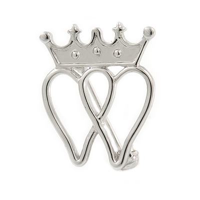 Small Double Heart and Crown Pin Brooch In Silver Tone - 25mm L - main view