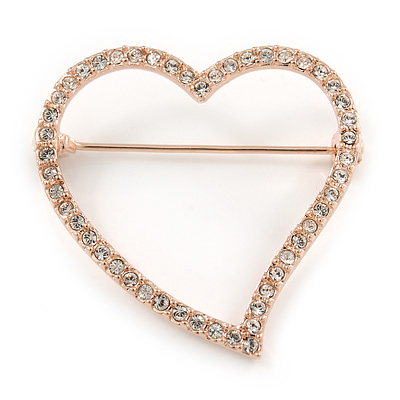 Romantic Rose Gold Tone Clear Crystal Open Heart Brooch - 35mm L - main view
