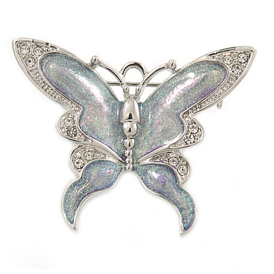 Rhodium Plated Glitter Butterfly Brooch - 43mm W - main view