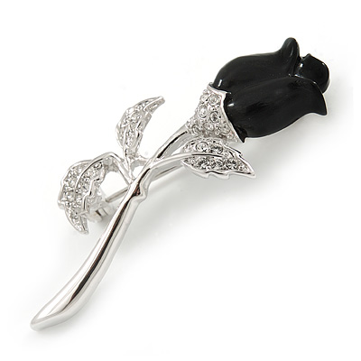 Small Clear Crystal Black Rose Brooch In Rhodium Plated Metal - 48mm L - main view