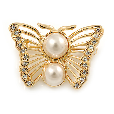 Small Gold Plated Crystal, Faux Pearl Butterfly Brooch - 30mm L - main view