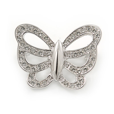 Small Rhodium Plated Crystal Butterfly Pin Brooch - 25mm - main view